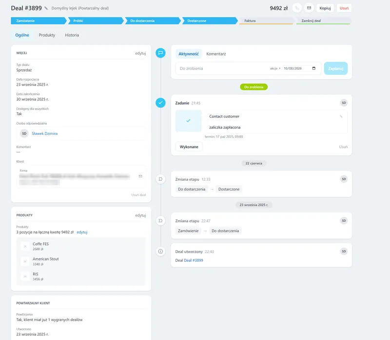 CRM: karta transakcji z osią czasu